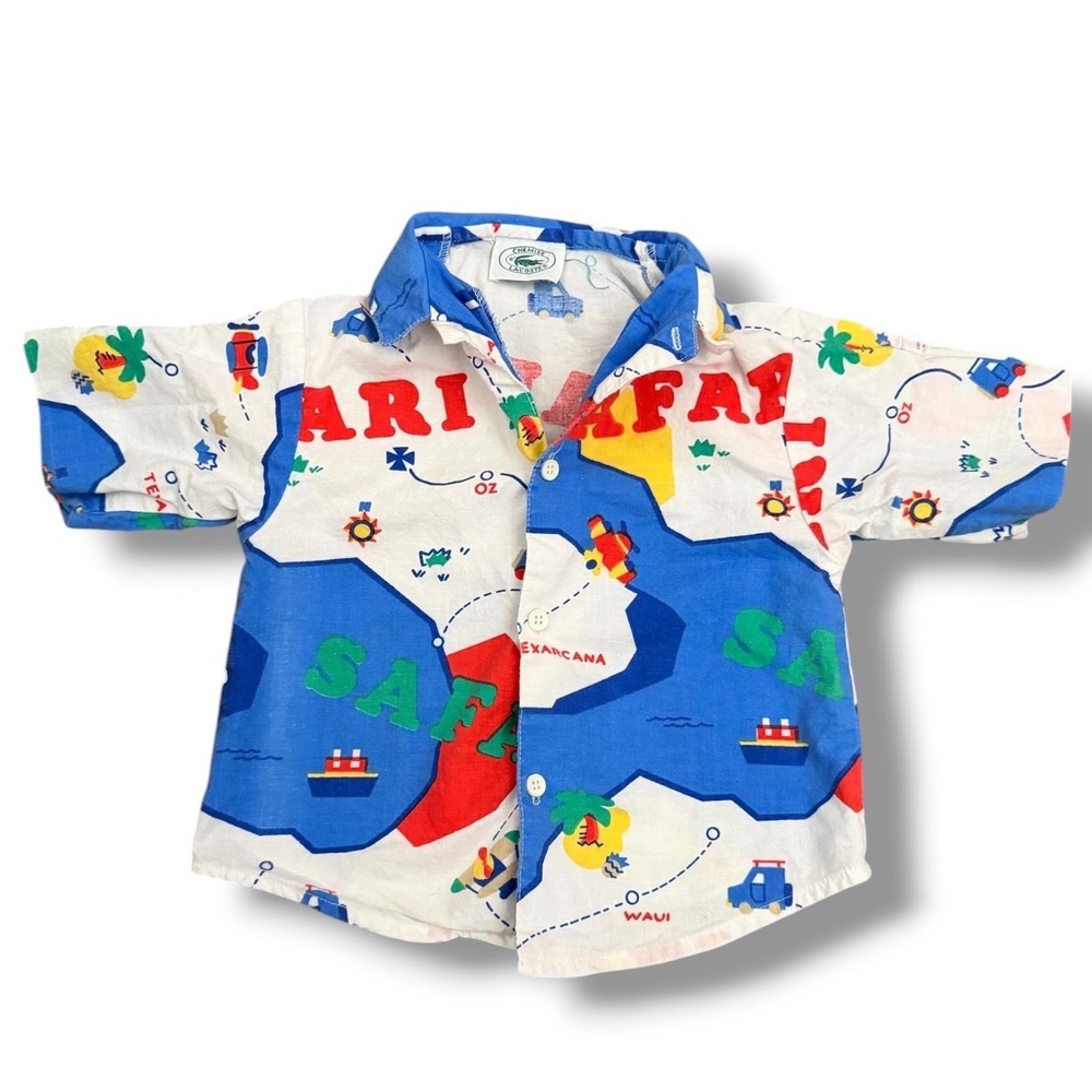 Vintage Chemise Lacoste Kids Safari Map AOP Button Up Shirt 3T 80s Novelty Print